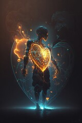 Poster - A person holding a heart shaped object in their hands with a glowing heart in the middle biomechanical cyberpunk art fantasy art