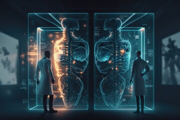 Poster - Two doctors looking at a x - ray image of a human skeleton in a glass case biopunk computer graphics neoplasticism
