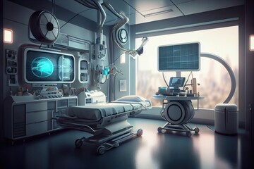 Poster - A hospital room with a monitor and medical equipment in it and a view of a city unreal 5 highly rendered a detailed matte painting neoplasticism