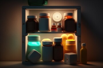 Poster - A shelf with jars and containers in it and a light on the top of it photorealistic lighting a 3d render photorealism