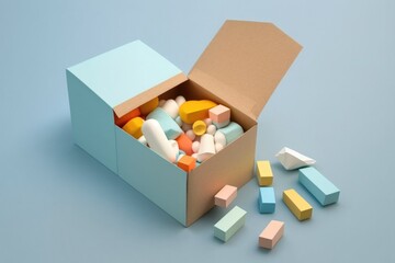 Poster - A box of colorful blocks and a few pieces of colored blocks are in it on a blue surface 3 d render a 3d render neoplasticism