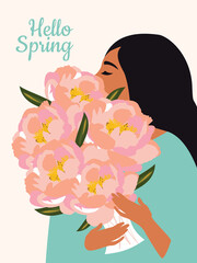 Canvas Print - Hello Spring. A bouquet of spring flowers of delicate pink peonies in the hands of a beautiful young woman with long hair. Festive March postcard. 