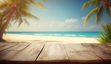 A Wooden Table With A View Of The Beach And Palm Trees In The Background With A Blurry Image Of The Ocean Rendered In Unreal 5 An Ambient Occlusion Render Photorealism