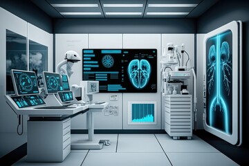 Poster - A medical room with medical equipment and medical equipment in it's display area including a monitor a laptop and a medical cybernetics computer graphics les automatistes