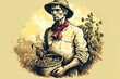 Illustration of a farmer or peasant with a shovel and a pail of fruit. Generative AI