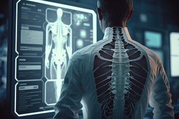 Poster - A man looking at a medical display with a skeleton on it's back and a skeleton on his chest biomechanical computer graphics neoplasticism