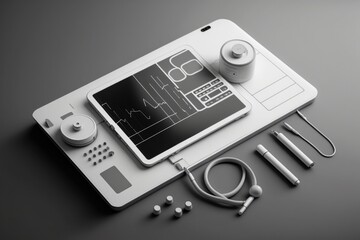 Poster - A tablet with ear buds and a headphone on top of it next to a pair of ear buds 3 d model a computer rendering objective abstraction