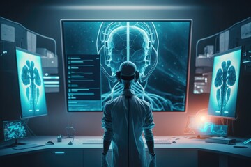 Poster - A person standing in front of a computer screen with a brain scan on it's screen biopunk computer graphics neoplasticism