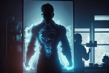 Poster - A man standing in front of a window with a glowing torso in the dark with a glowing heart on his chest vfx cyberpunk art shock art