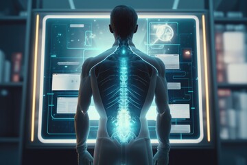 Poster - A man with a back view of a glowing skeleton in a futuristic room with a computer screen biopunk a hologram retrofuturism