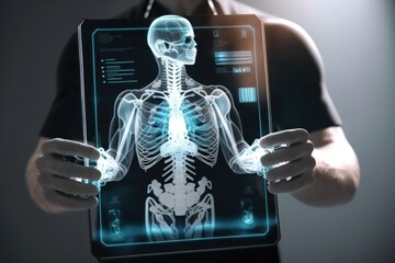 Poster - A man holding a skeleton in his hands with a glowing screen in front of him anatomical computer graphics holography