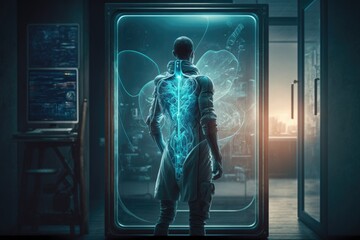 Poster - A man standing in front of a glass door with a glowing body in it's center biopunk cyberpunk art afrofuturism