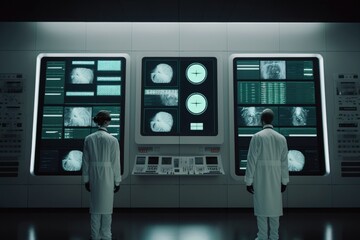 Poster - Two men in white lab coats looking at a display of medical images on a wall biopunk a detailed matte painting neoplasticism