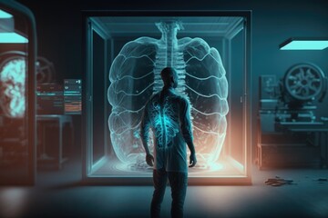 Poster - A man standing in front of a x - ray image of a human brain in a room vfx computer graphics holography