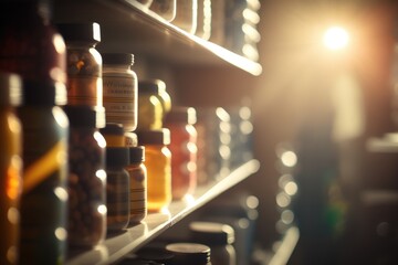Poster - A shelf with many bottles of medicine on it and a light shining through the bottles anamorphic lens flare a stock photo neoplasticism