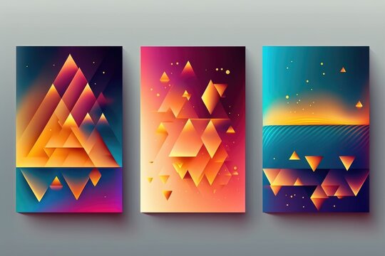 Three abstract banners with different shapes and colors on a gray background with a place for text colorful flat surreal design artistic art geometric abstract art