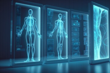 Poster - A 3d image of a human body in a display case with glowing lights and a glowing background anatomical a hologram holography