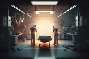 Poster - Two doctors in a room with a bed and a light coming from the ceiling and a light coming from the ceiling octane renderer an ambient occlusion render neoplasticism