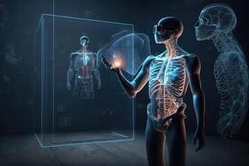 Poster - A skeleton is looking at a human skeleton in a glass case with a glowing light cybernetics a hologram holography