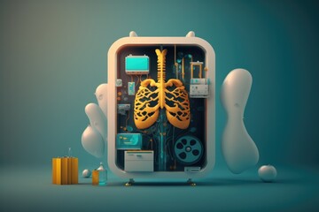 Poster - A cell phone with a human body inside of it and a camera in the middle colorful flat surreal design a 3d render assemblage