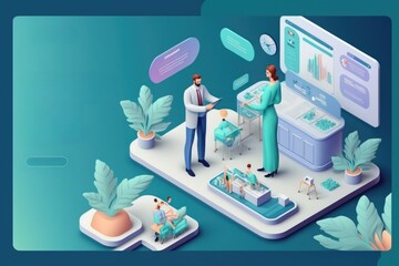 Poster - A doctor and a nurse are discussing a patient's medical procedure on a computer screen colorful flat surreal design a storybook illustration neoplasticism