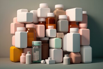 Poster - A pile of bottles and containers sitting on top of a table next to each other octane renderer an ambient occlusion render neoplasticism