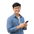 close up asian man hold mobile cell phone device and looking isolated on transparent background for lifestyle and png design concept