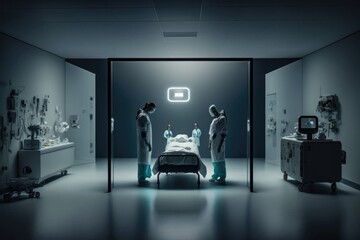 Poster - A group of doctors standing around a hospital bed in a room with a neon light promotional image a hologram video art