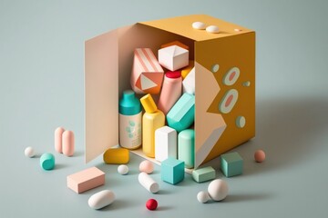 Poster - A box of colorfully colored crayons and other items on a table with a gray background 3 d render a 3d render neoplasticism