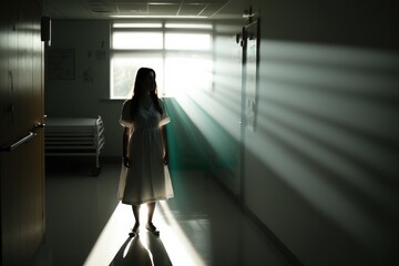 A woman standing in a dark room with a light coming through the window and a bed anamorphic lens flare a stock photo neoplasticism