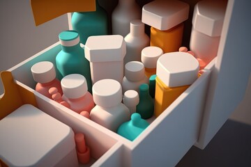 Poster - A box filled with lots of different colored bottles and containers of different sizes and shapes octane renderer an ambient occlusion render neoplasticism