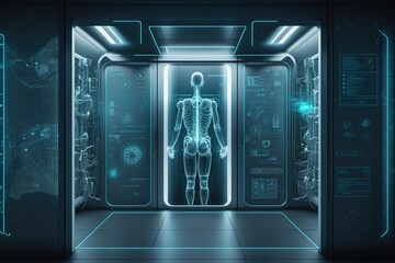 Poster - A futuristic looking room with a skeleton in the doorway and a neon light coming from the door biopunk a hologram holography
