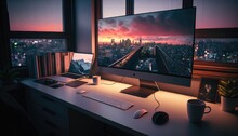 A Computer Desk With A Monitor And Keyboard On It In Front Of A Window With A City View Affinity Photo Computer Graphics Computer Art