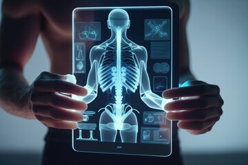 Poster - A person holding a tablet with a skeleton on it's display screen in their hands anatomical computer graphics holography