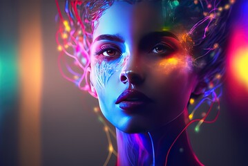 Wall Mural - lady in bright lights, close-up Generative AI