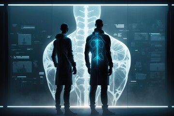 Poster - Two men standing in front of a large glowing human body in a futuristic environment biopunk cyberpunk art neo-figurative