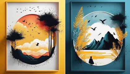 Two paintings of a landscape with birds flying over them and a painting of a mountain in gouache detailed paintings a storybook illustration generative art