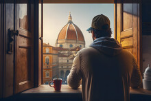 Man Traveler Drinking Morning Coffee Overlooking The City View Of Florence From An Open Hotel Window. Generative AI