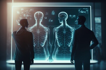 Poster - Two men looking at a skeleton in a museum display window with a glowing image of the human body anatomical a hologram neoplasticism