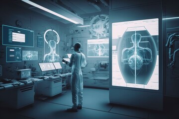 Poster - A man in a white lab coat looking at a computer screen with a picture of a human torso biopunk cyberpunk art neoplasticism