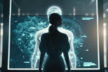 Poster - A woman standing in front of a computer screen with a picture of a human torso biopunk a hologram futurism