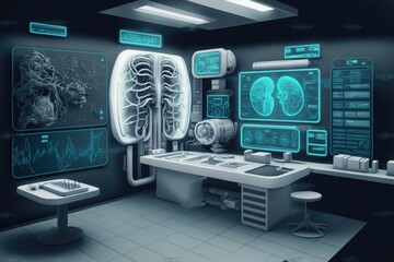 Poster - A futuristic medical room with medical equipment and medical diagrams on the wall and a table biopunk computer graphics computer art