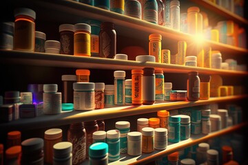 Poster - A shelf filled with lots of different colored bottles on it's sides and a light shining through the top vray caustics a 3d render neoplasticism