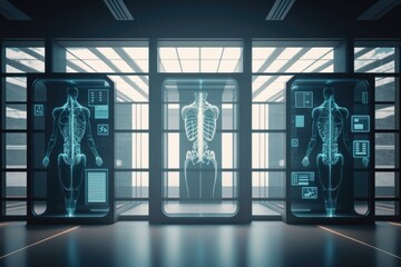 Poster - A futuristic room with a skeleton in the doorway and a skeleton in the doorway in the middle cybernetics a hologram neoplasticism
