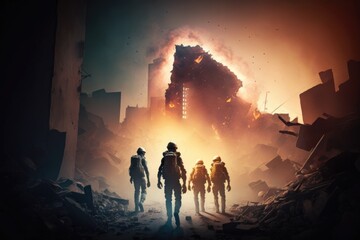 Poster - A group of people walking through a destroyed city in a video game called titan wars cinematic matte painting poster art space art