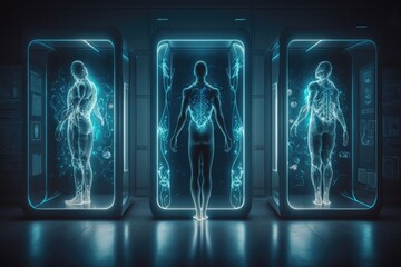 Poster - A futuristic woman in a blue room with neon lights and a neon light behind her biopunk a hologram holography