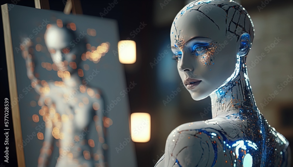 AI robot creating creative art, deep learning, NLP, diffusion, computer generated illustrations created with generative ai technology