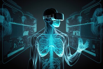 Poster - A man wearing a virtual reality headset in front of a computer screen with a skeleton cybernetics a hologram futurism