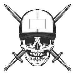 Skull in baseball cap with knight sword vintage vector illustration