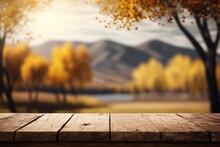 A Wooden Table With A Blurry Background Of Trees And Mountains In The Background With A Lake Rendered In Unreal 5 A 3d Render Photorealism